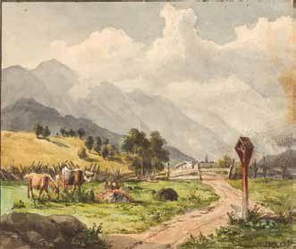 Alpenlandschaft mit Vieh und einer Almhütte im Hintergrund by 
																	Michael Lueger