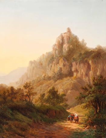 Travellers in a mountain landscape at dusk by 
																	Alexander Joseph Daiwaille