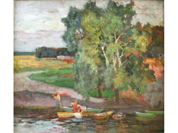 Rowing boats on the banks of the river by 
																	Yuri Mikhailovitch Lubavin