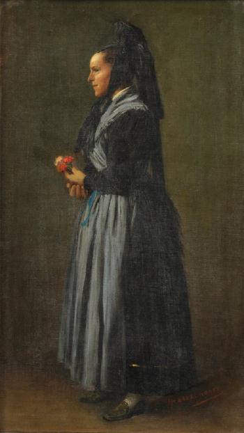 Woman in black holding three flowers by 
																			Johann Heinrich Hasselhorst