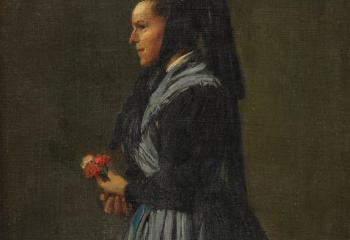 Woman in black holding three flowers by 
																			Johann Heinrich Hasselhorst