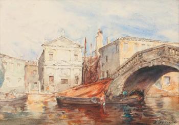 Embarcations à quai sur un canal à Venise by 
																	Hippolyte Francois Leon Duluard