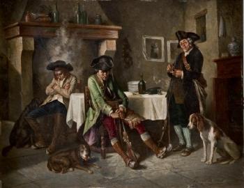 Repos des chasseurs et leurs chiens by 
																	Georges Ballens