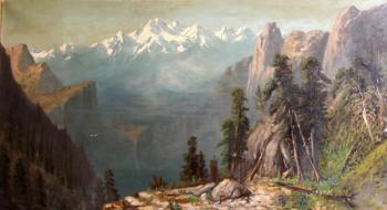 An expansive mountain landscape with a view of a canyon by 
																	J Walcom