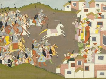 A painting from a dispersed Ramayana series: The Sacrifice of Rama's Horse by 
																	 Garhwal School
