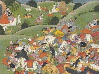 A painting from a dispersed Ramayana series: The battle between Rama and Ravana by 
																	 Garhwal School