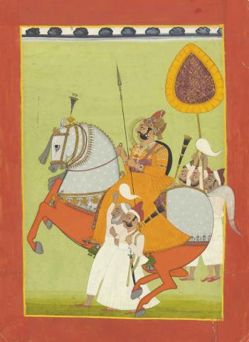 An equestrian portrait of Maharana Bhim Singh by 
																	 Jodhpur School