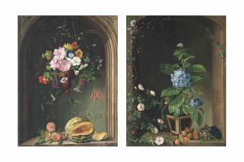 Nasturtiums, convolvulus, geraniums, petunias and other blooms in a ewer suspended under an arch over peaches and a melon; and Hydrangeas, roses, ivy, grapes and other blooms in an arch by 
																	Marie Auersperg