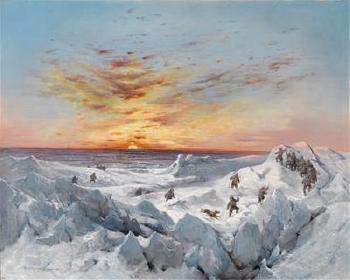 Sonnenaufgang am 16. Februar 1873 im Packeis zwischen Nowaja Semla and Franz Josef Land inscribed on the reverse (Sunrise on 16 February 1873 in the Pack-Ice between Novaja Semlya and Franz Josef Land) by 
																	Adolf Obermuellner