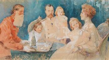 Tsar Nicholas II and Tsarina Alexandra Fjordorovna with their daughters Olga, Tatiana, Maria and Anastasia by 
																	Elena Petrovna Samokish-Sudkovskaya