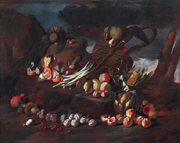 Mushrooms, plums, peaches, cherries, pears, asparagus, chestnuts and a parrot in a landscape; and Mushrooms, cabbage, chestnuts, apples, a shell, lemons, snails, fishes and a note sheet in a landscape by 
																			 Pseudo Fardella