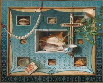 ‘Trompe l’oeil’ still life with objects from a cabinet of curiosities by 
																	Gabriele Germain Joncherie