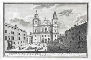 Ansicht der Domfassade, Glockenspiel, Festung und 'Domquartier', mit erzbischöflicher Kutsche etc. by 
																	Carl Remshard