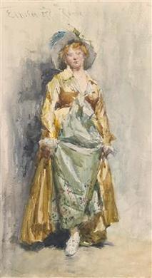 A portrait of a lady with a hat, in a green silk dress and in yellow coat by 
																	Theodor J Ethofer