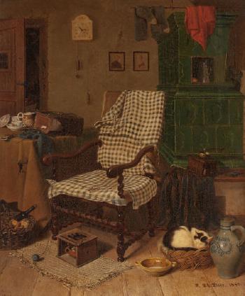 Home Interior with Knitting Chair and Sleeping Cat by 
																			Ferdinand Theodor Dose