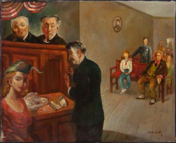 Woman Testifying Before Two Judges by 
																			Jack Levitz