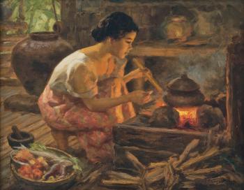 Girl Preparing A Meal by 
																	Fernando Amorsolo