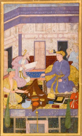 A Mughal prince smoking a long-stemmed pipe, seated in an interior with Attendants and a Child by 
																	 Mushfiq