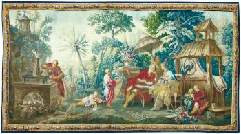 Le Thé, A Louis XV Chinoiserie Tapestry, Aubusson, from the series ‘tenture chinoise’ (The Story of the Emperor) by 
																	Jean Joseph Dumons