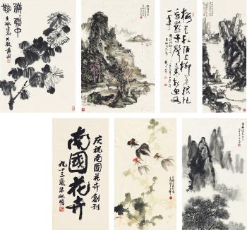 Calligraphy; Flowers and birds; Landscape by 
																	 Liang Zhanfeng