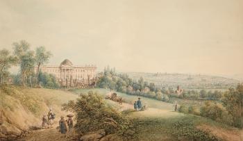 Schloss Laken mit Park und Ansicht von Brüssel by 
																	Ferdinand Runk