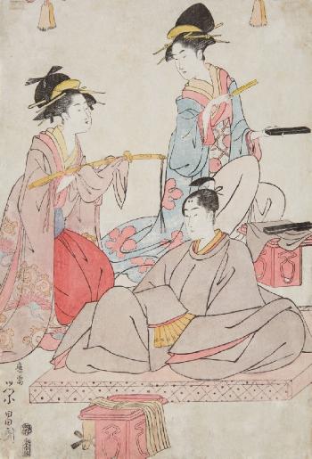 a) Oban, middle sheet of a triptych Narihira ason hatsu kanmuri yatsushi; b) Hosoban. Benizuri-e. by 
																	Chokosai Eisho