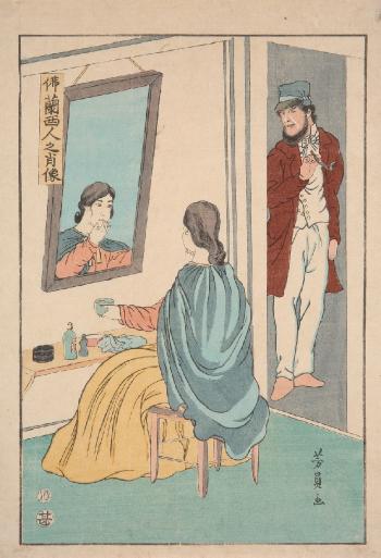 a) Furansukoku. A French couple playing cello; b) Furansujin no shozo. A French Woman at her toilet while the Husband Watches by 
																	Utagawa Yoshikazu