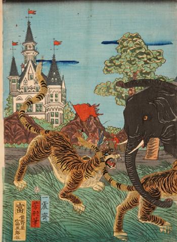 Ozo shasei. Foreigners riding Elephants, with Rifles and Hooks, are attacked by Tigers by 
																	Utagawa Yoshikata