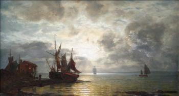 Nächtliche Meeresküste mit Segelschiffen bei Mondschein by 
																	Wilhelm Xylander