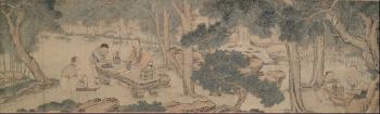 Wang Xizhi schreibt eine Kalligraphie auf Einen Fächer für eine Arme Alte Fächerverkäuferin in Jishan by 
																			 Lu Shidao