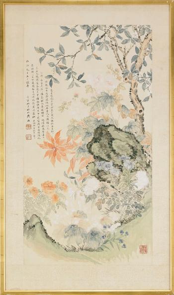 Flowering branches issuing from rockwork by 
																	 Wu Xu