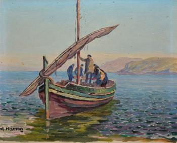 Barque catalane au retour de la pêche à l'aube dans le port de Collioure by 
																	Adrien Hamon