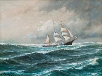 Tall Ship in Choppy Sea by 
																	Wilhelm Hanken