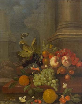 Still life of fruits with grapes, peaches, an orange, a lemon, a bird and butterflies by 
																	Jacob Rotius