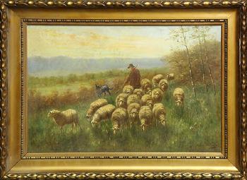 Shepherd with his sheep and dog by 
																	Arthur de Waerhert