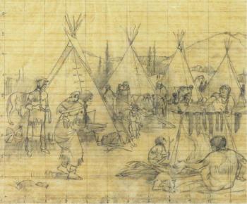 Indian encapment (sketch for backdrop) by 
																			Ronald Spickett