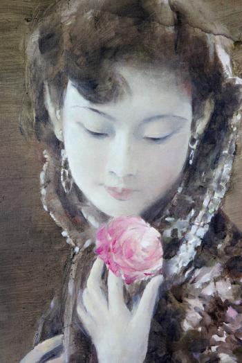 Portrait of a young Chinese woman standing wearing high-collared dark coat, head turned to smell pink rose by 
																			 Xu Zhigang