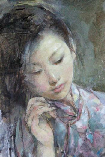 Young Chinese woman her hair down to one side, holding round mirror in left hand and leaning head on right hand by 
																			 Xu Zhigang