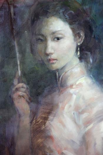 Young Chinese woman standing holding large pink parasol, other arm at side by 
																			 Xu Zhigang