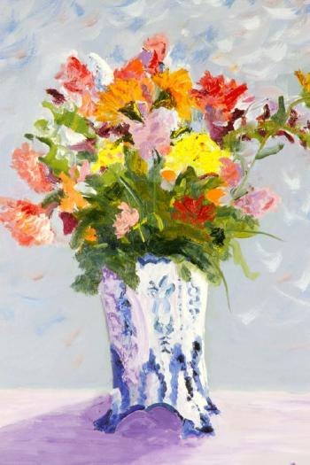 Flowers in a pentagon vase by 
																			Joseph Kaknes