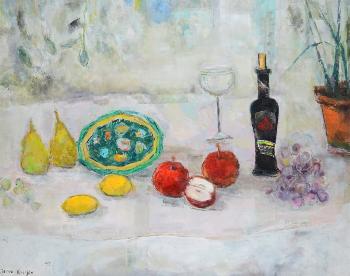 Table top still life with fruit, wine bottle, glass & plant by 
																			Jean Kalisch