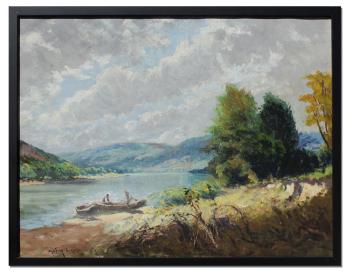 Panoramic river landscape with figures by 
																			Ferenc Ujvary