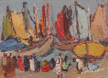 Haitian harbor painting with figures by 
																			Carlo Jean-Jacques