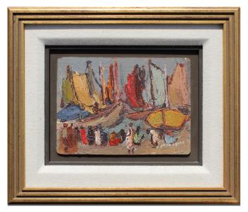 Haitian harbor painting with figures by 
																			Carlo Jean-Jacques
