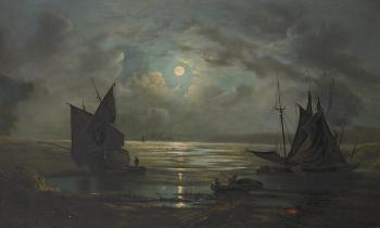 Moonlit beach with fishing vessels by 
																			Henry B Northcote