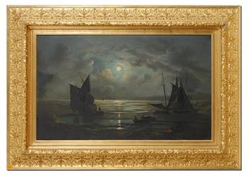 Moonlit beach with fishing vessels by 
																			Henry B Northcote