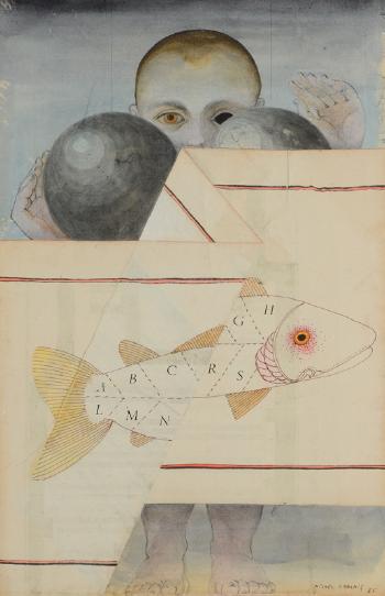 Surreal composition with child's head and dissected fish by 
																			Michel Lablais
