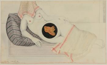 Reclining nude with textiles draped over her legs and face by 
																			Michel Lablais