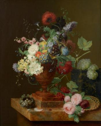 Vase de fleurs, corbeille de roses, grappes de raisins et nid sur un entablement by 
																	Georg Frederik Ziesel