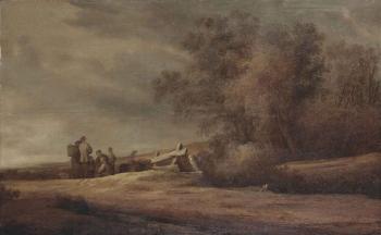 A dune landscape with figures resting by a fence by 
																	Salomon van Ruysdael